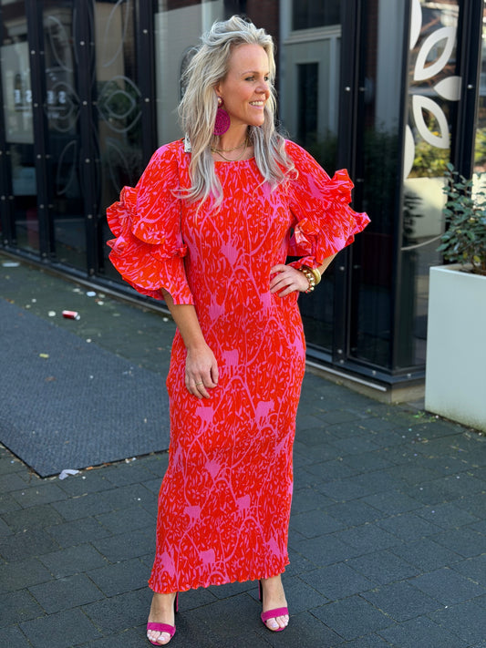 Plissé jurk flower bomb pink