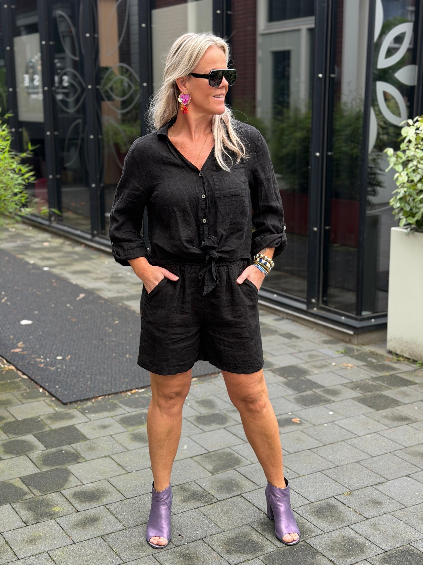 Linnen knot blouse zwart