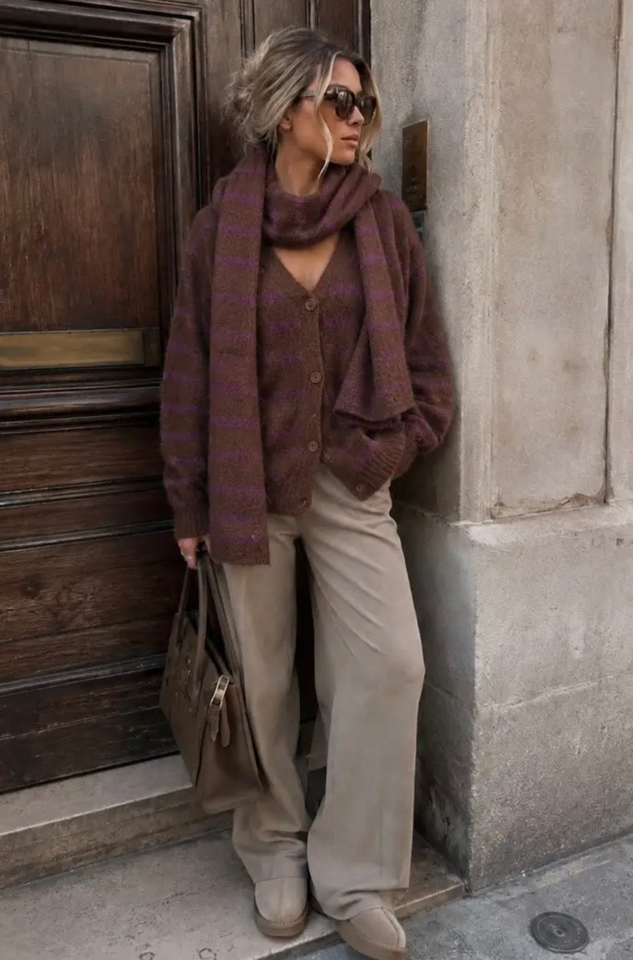 Cardigan Stripe met sjaal bruin/prum