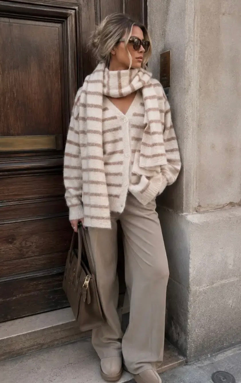 Cardigan Stripe met sjaal ecru/camel