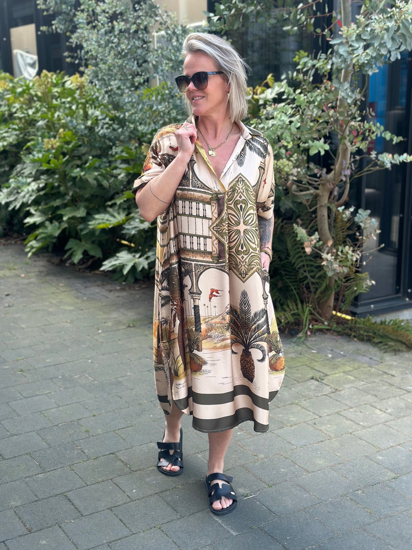 Zijde tuniek jurk khaki/beige print