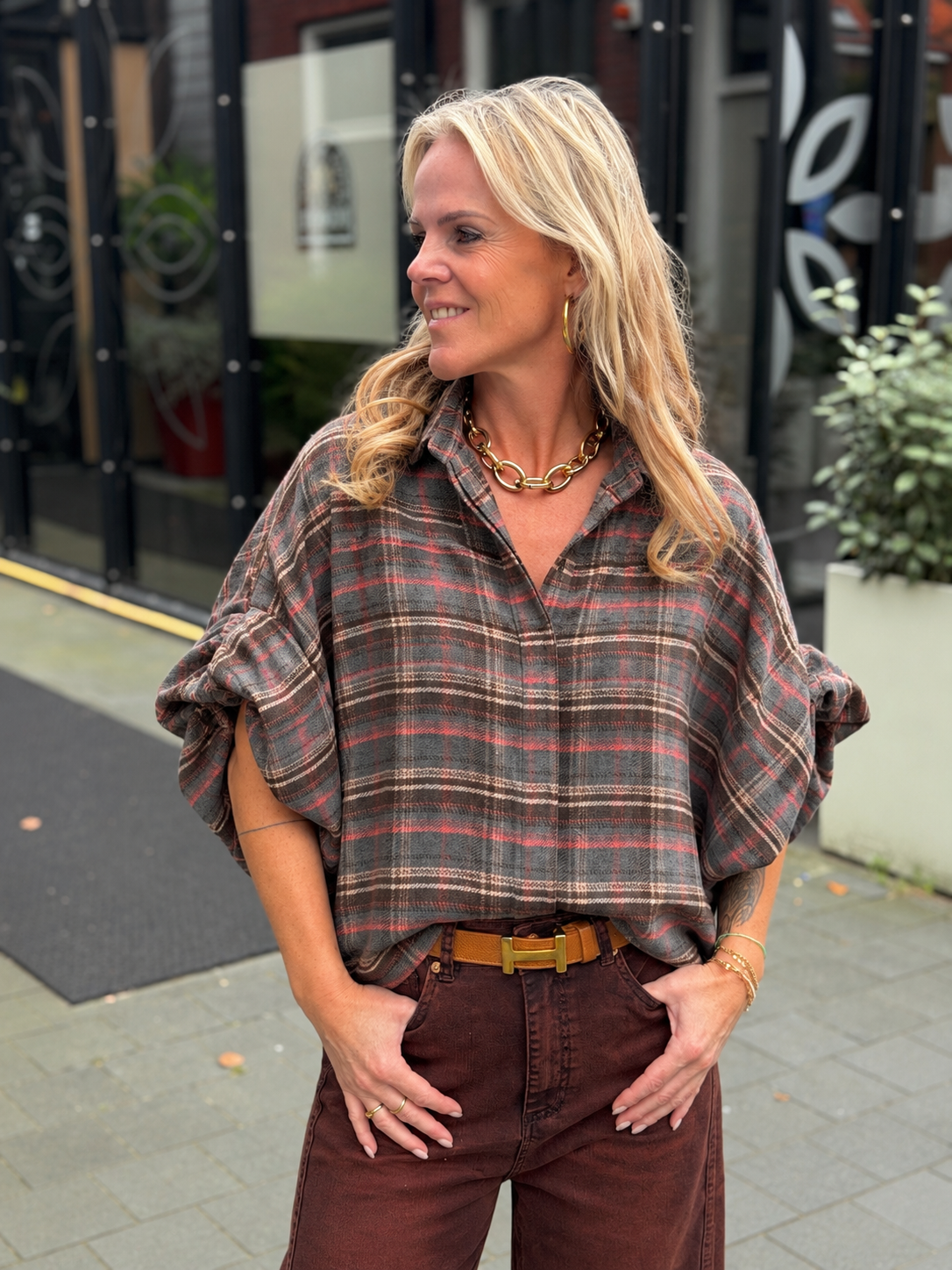 Flanel ruit blouse Dion bruin/roze