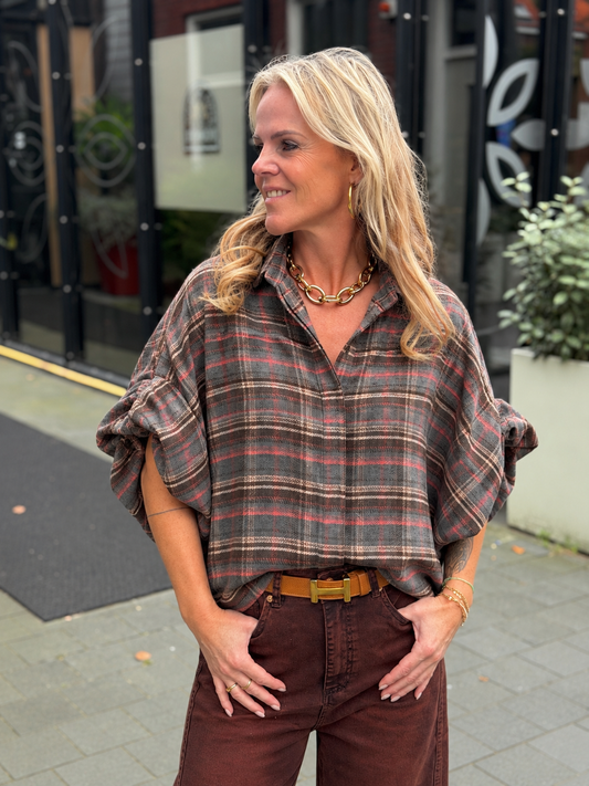 Flanel ruit blouse Dion bruin/roze