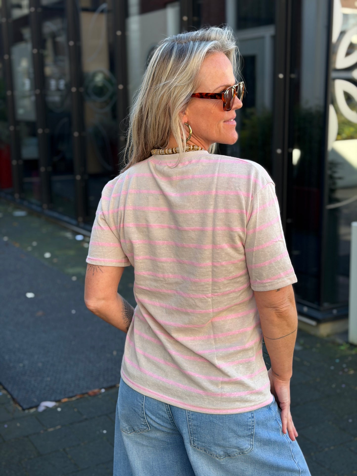 T-shirt stripe beige long beach