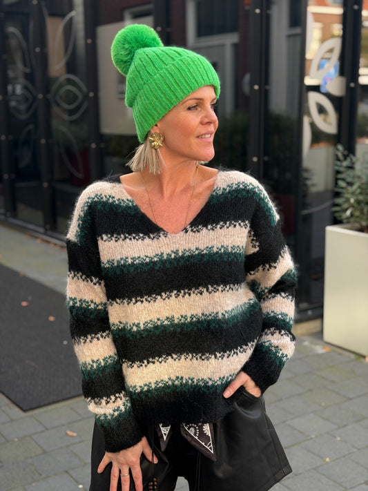 Vhals trui zwart ecru groen