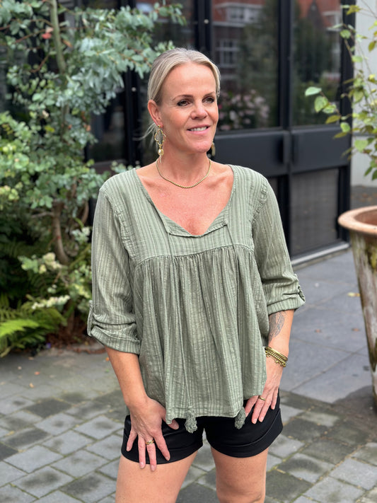 Luchtige katoenen blouse lurex licht khaki