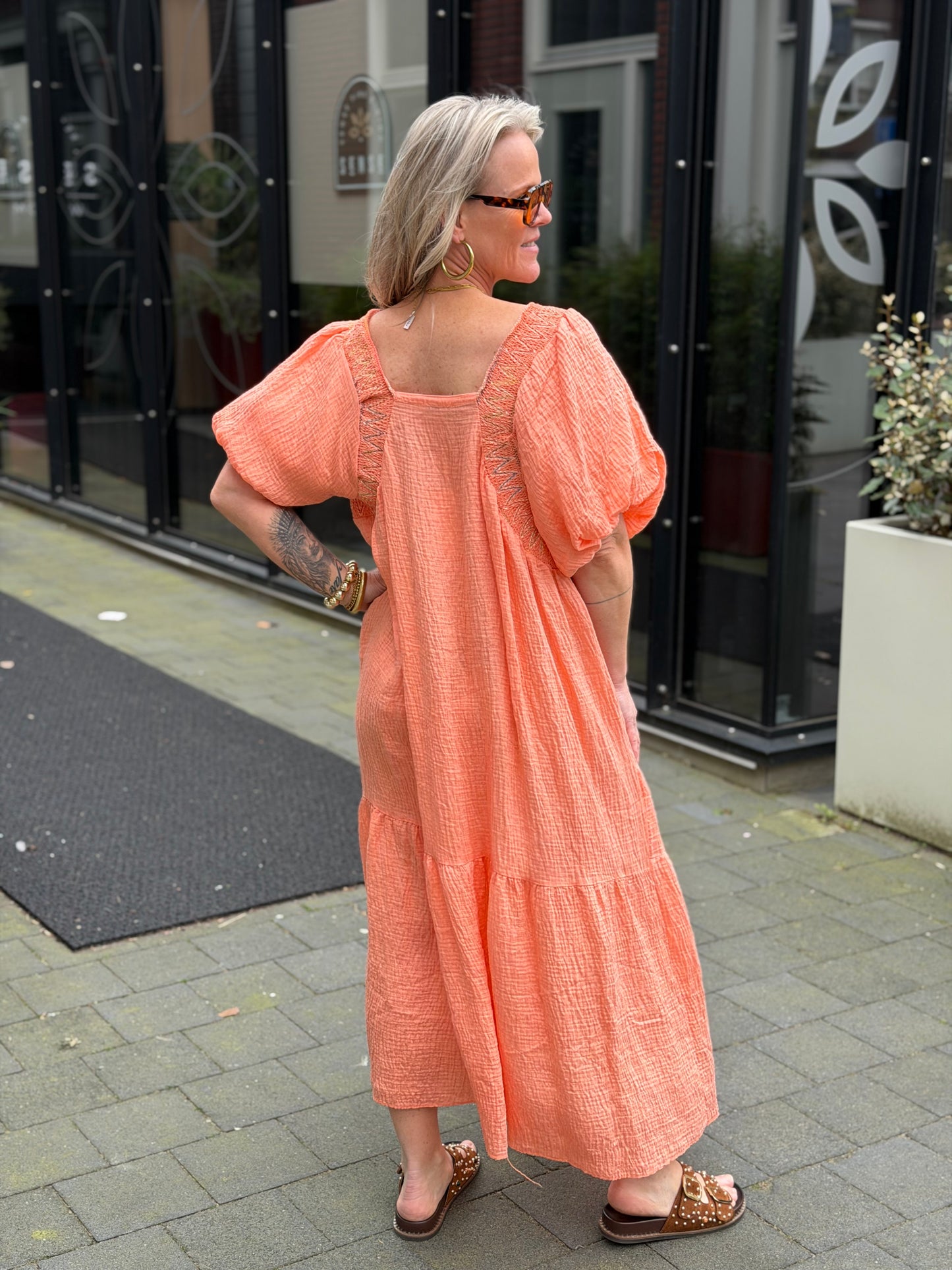 wafel maxi jurk Kiki Peach ORANGE