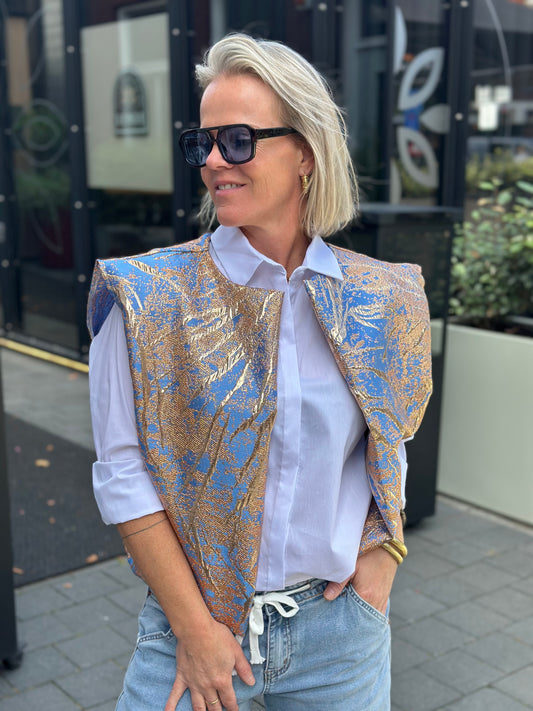 Metallic gilet licht blauw en brons