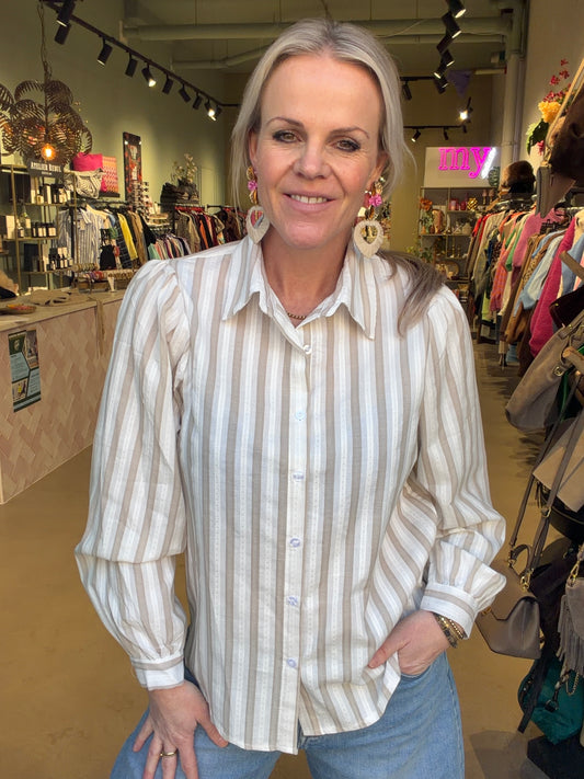 Stripe blouse pofmouw beige