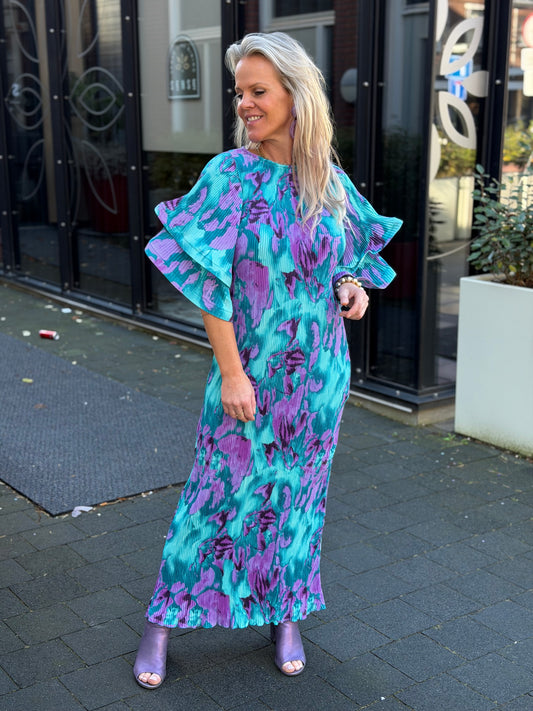 Plissé jurk flower bomb aqua