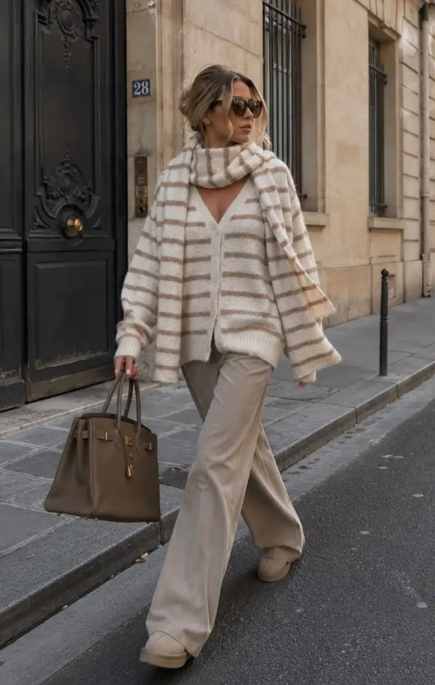 Cardigan Stripe met sjaal ecru/camel