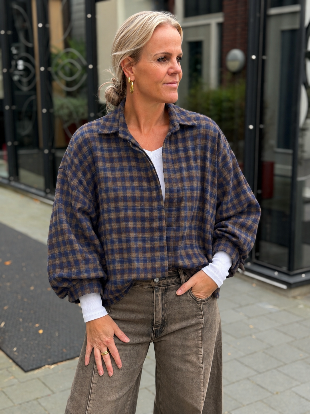 Flanel ruit blouse Dion bruin/blauw