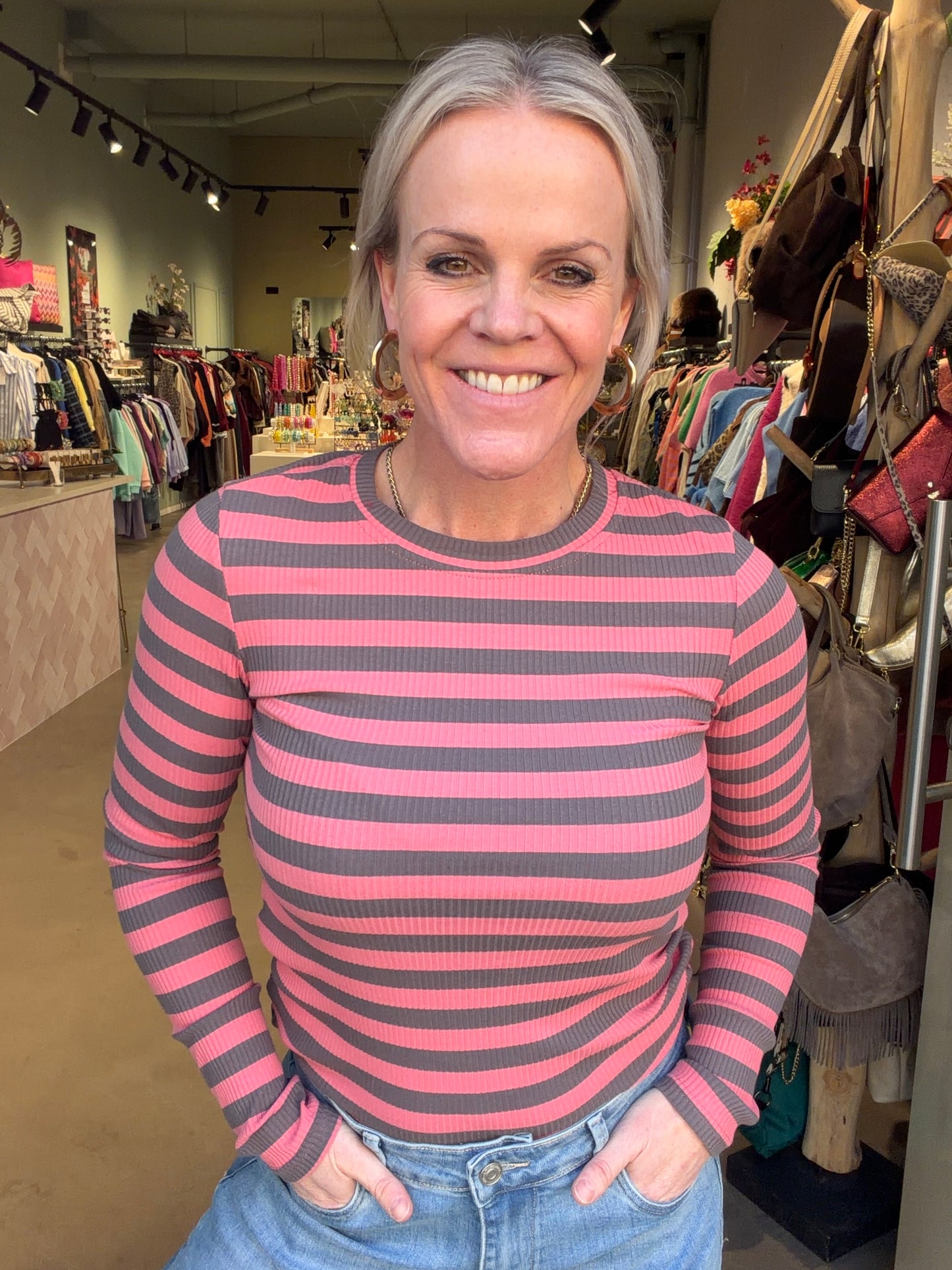 Longsleeve stripe pink-grijs