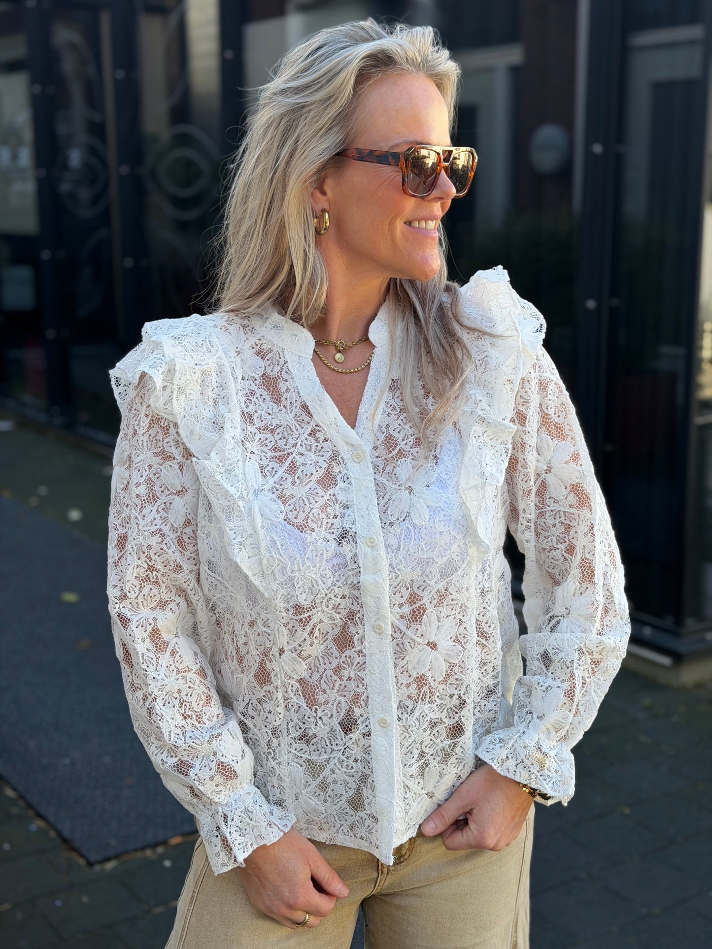 Kanten Volant blouse wit