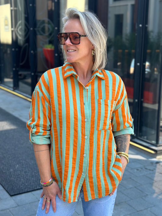 Oversized wafel blouse stripe green Orange