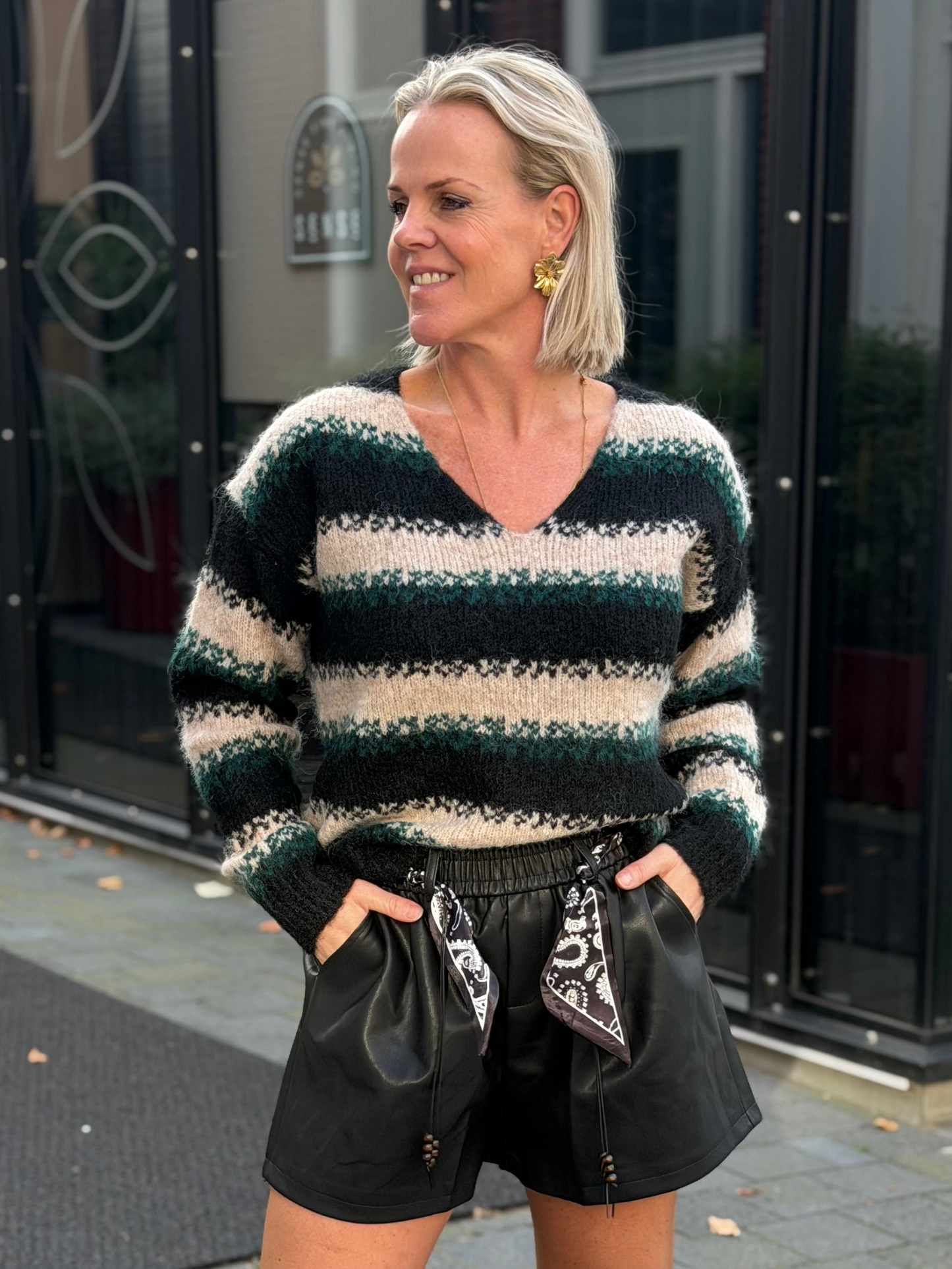 Vhals trui zwart ecru groen