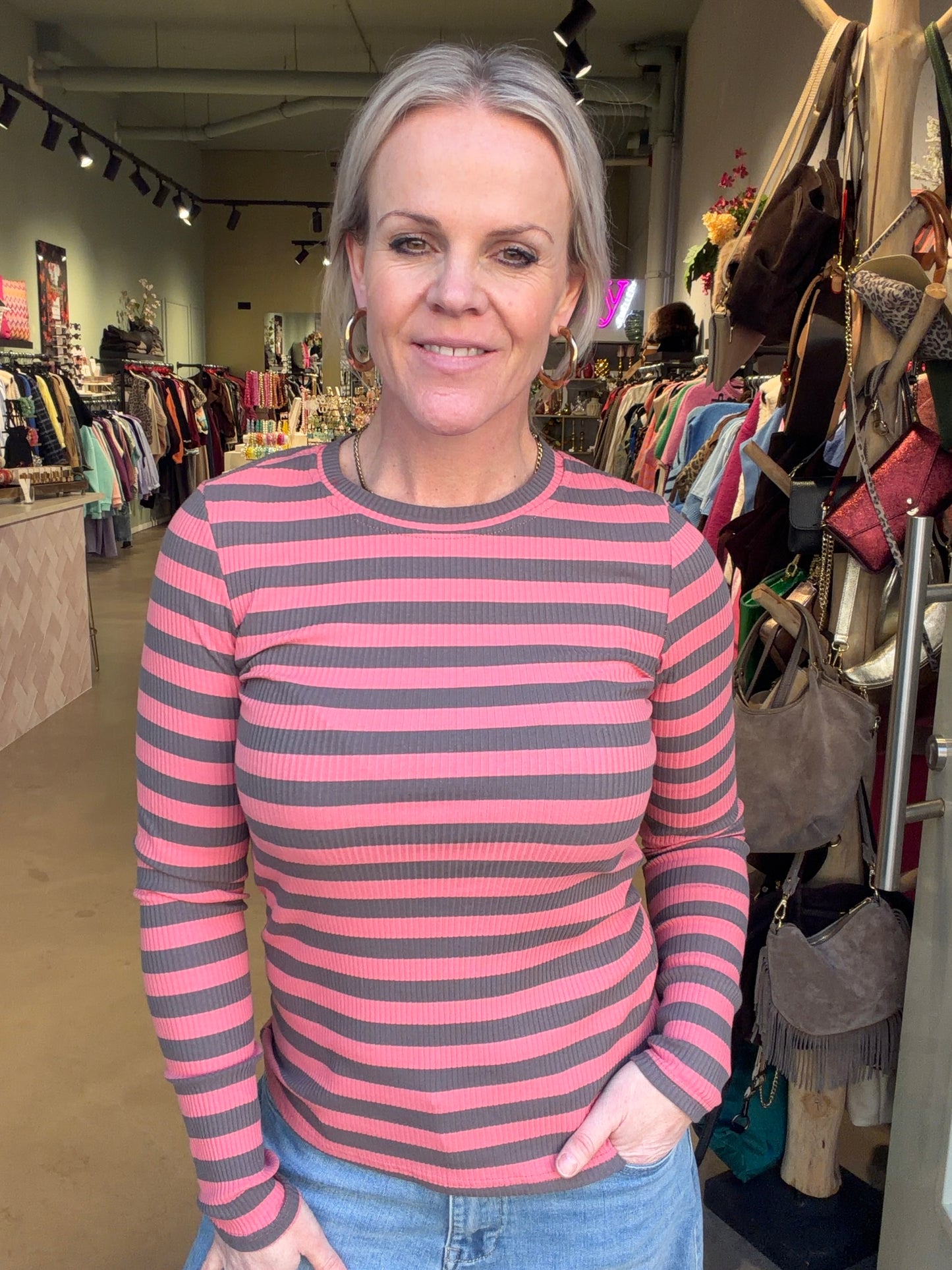 Longsleeve stripe pink-grijs
