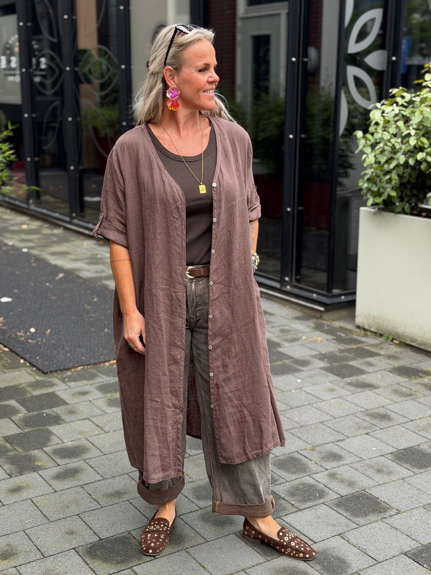 Linnen kimono blouse bruin