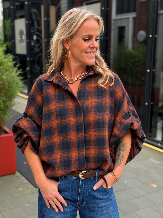Flanel ruit blouse Dion Navy/orange
