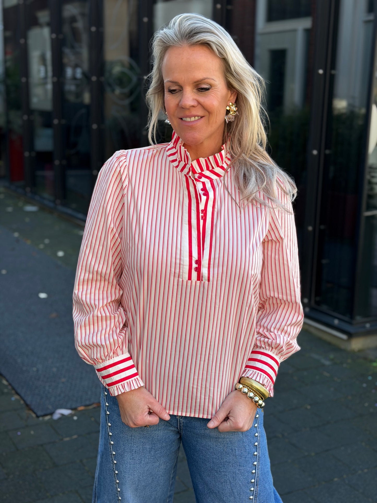 Red/ecru stripe top