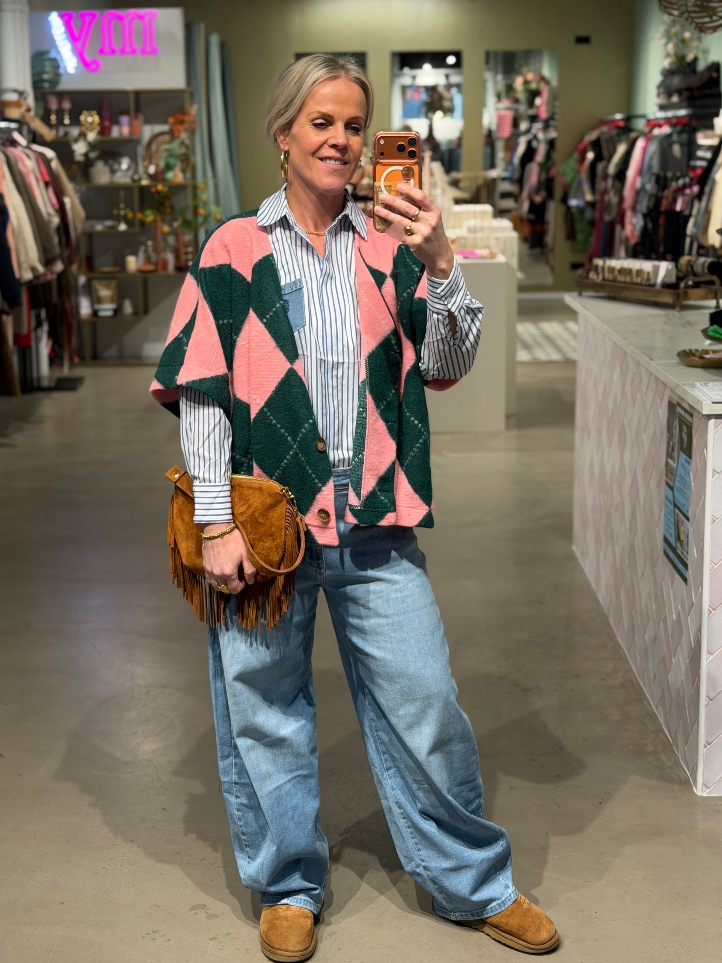 Ruit vest mouwloos roze groen