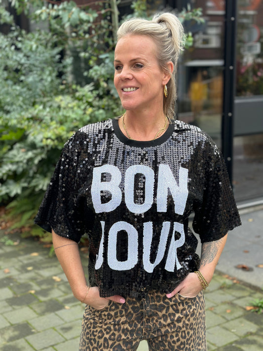 Bonjour T-shirt pailletjes zwart