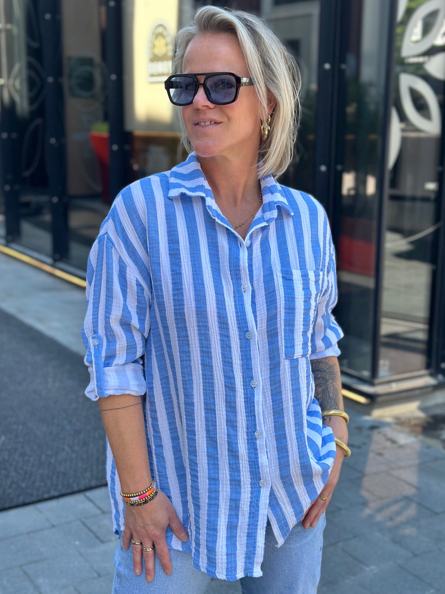 Oversized wafel blouse stripe blue white