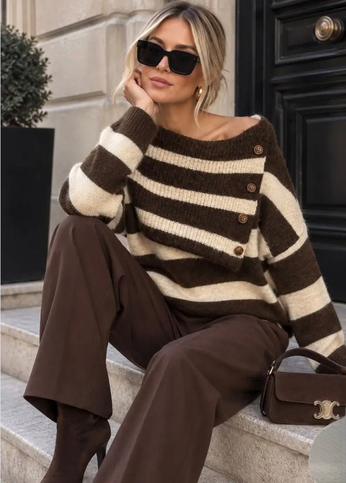 Stripe trui asymmetric neck bruin/ecru