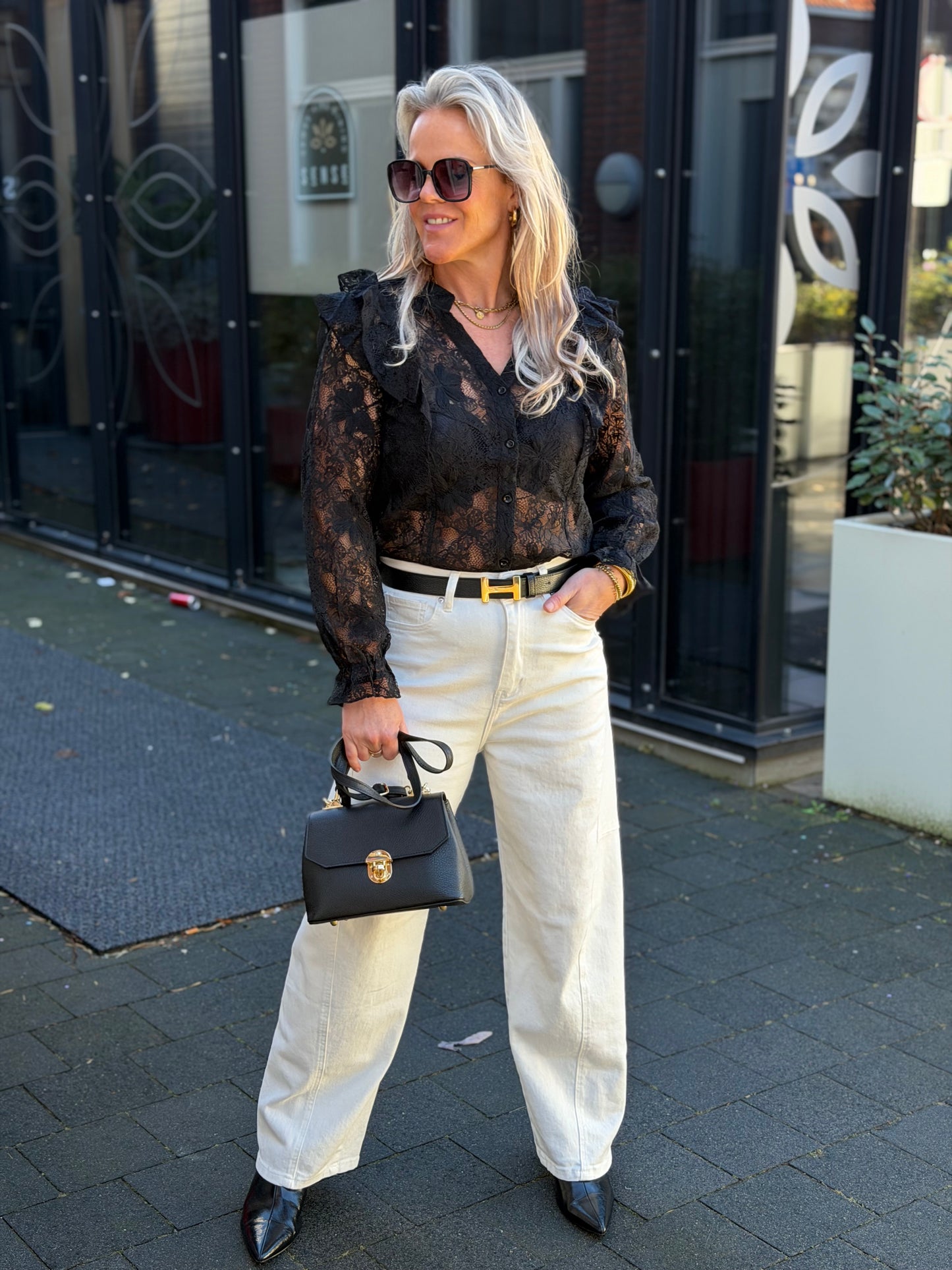 Kanten Volant blouse zwart