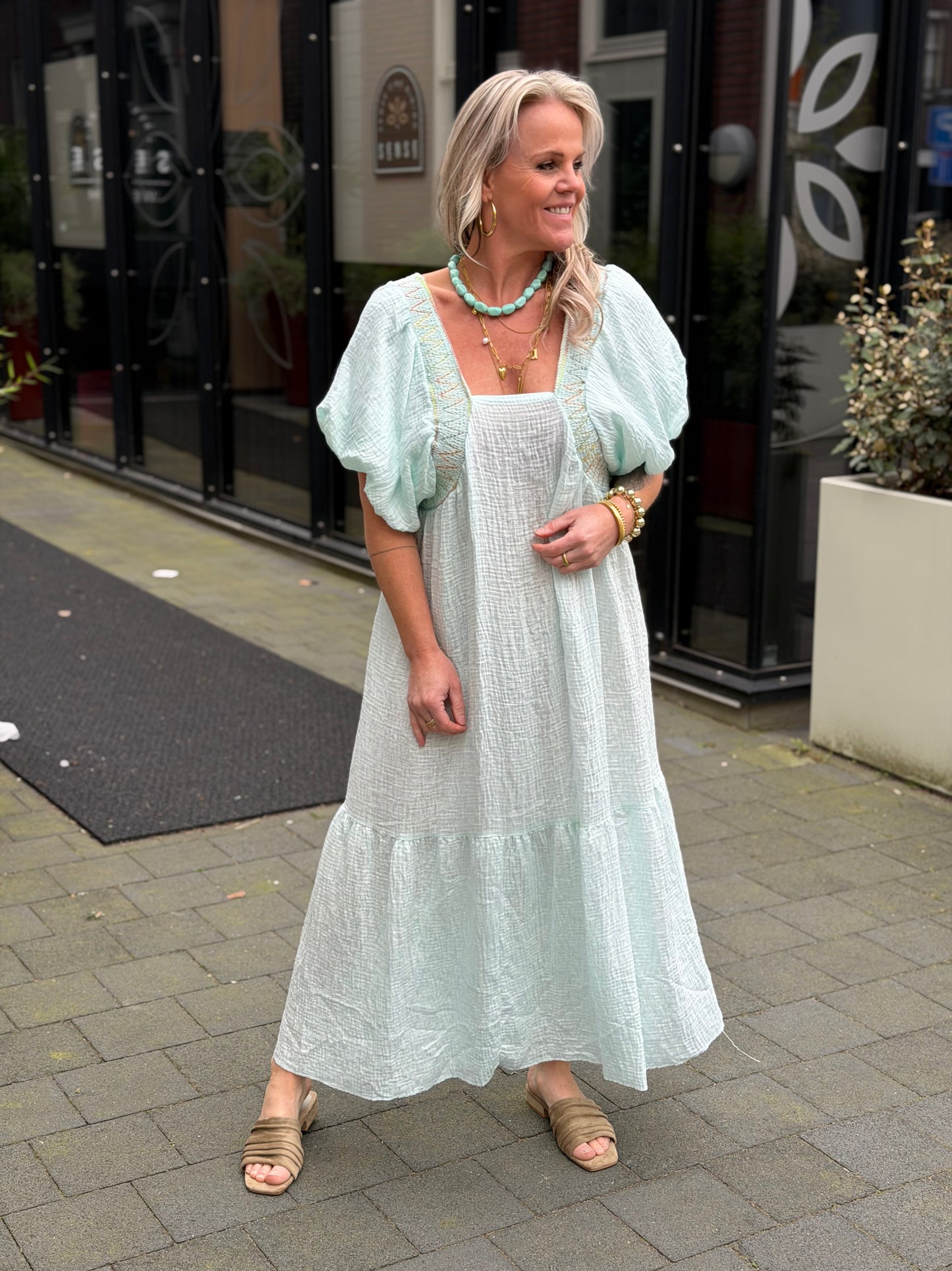 wafel maxi jurk Kiki licht aqua