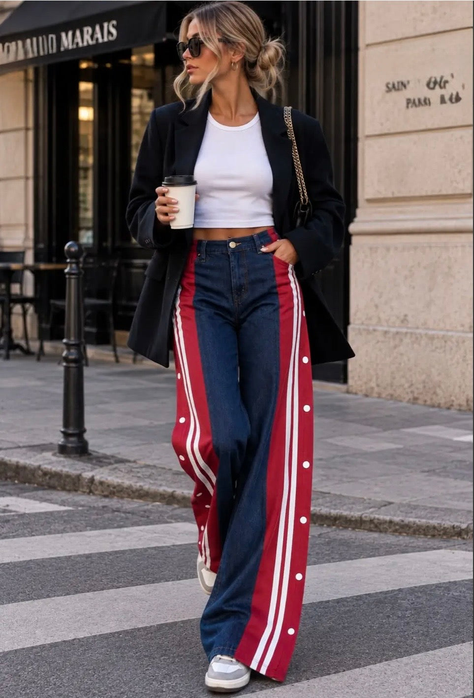 sporty denim pants indigo/bordeaux