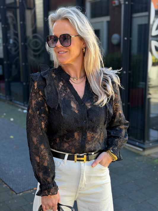 Kanten Volant blouse zwart
