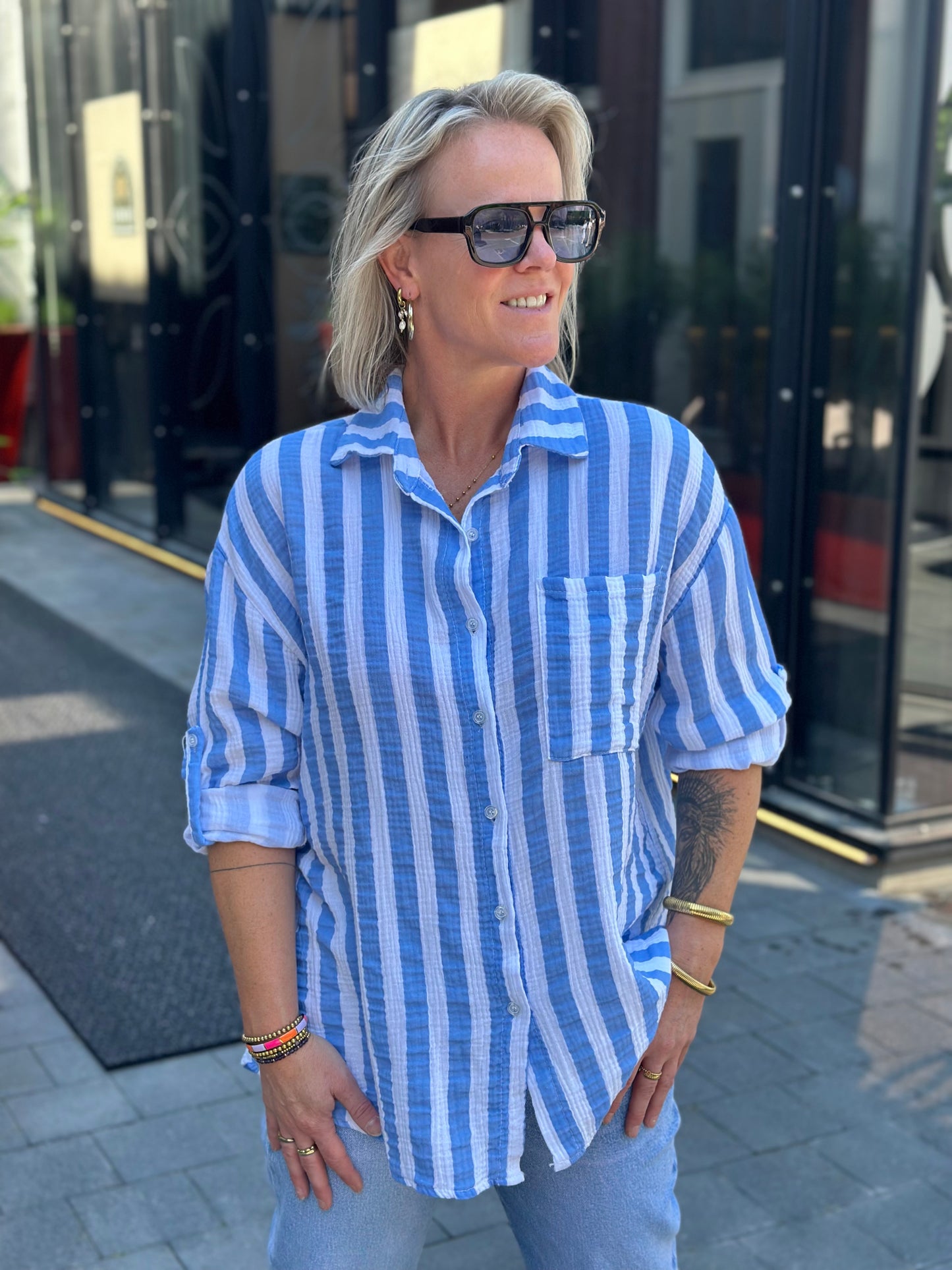 Oversized wafel blouse stripe blue white