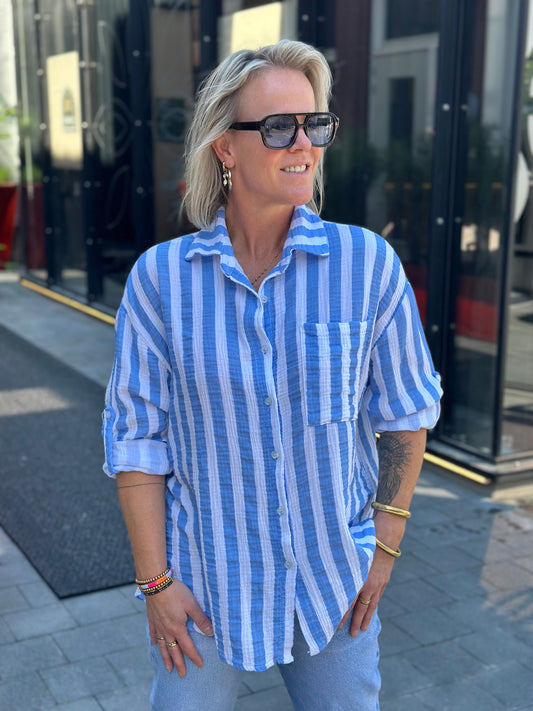 Oversized wafel blouse stripe blue white