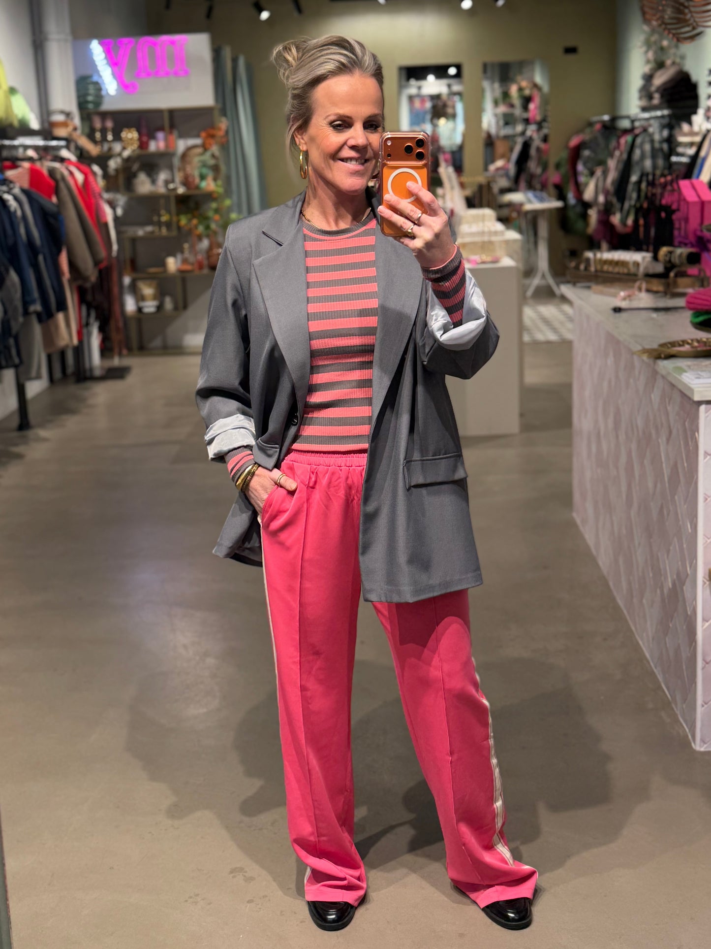 Longsleeve stripe pink-grijs