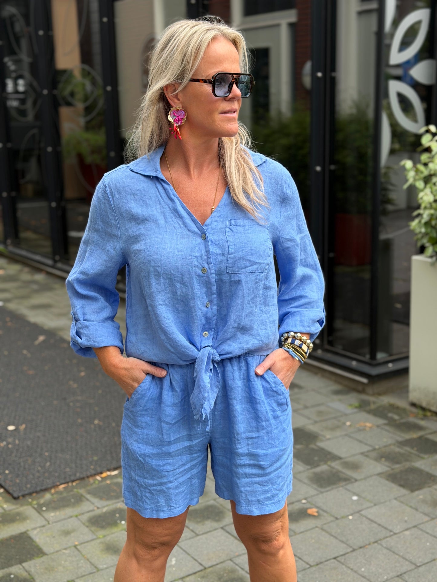 Linnen short lavendel blauw