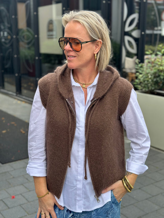 Mohair mix hoodie vest bruin