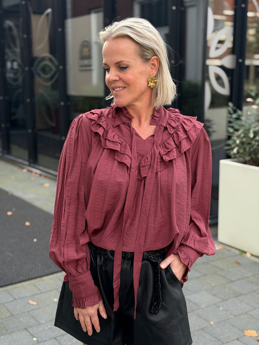 Volant blouse donker oud roze