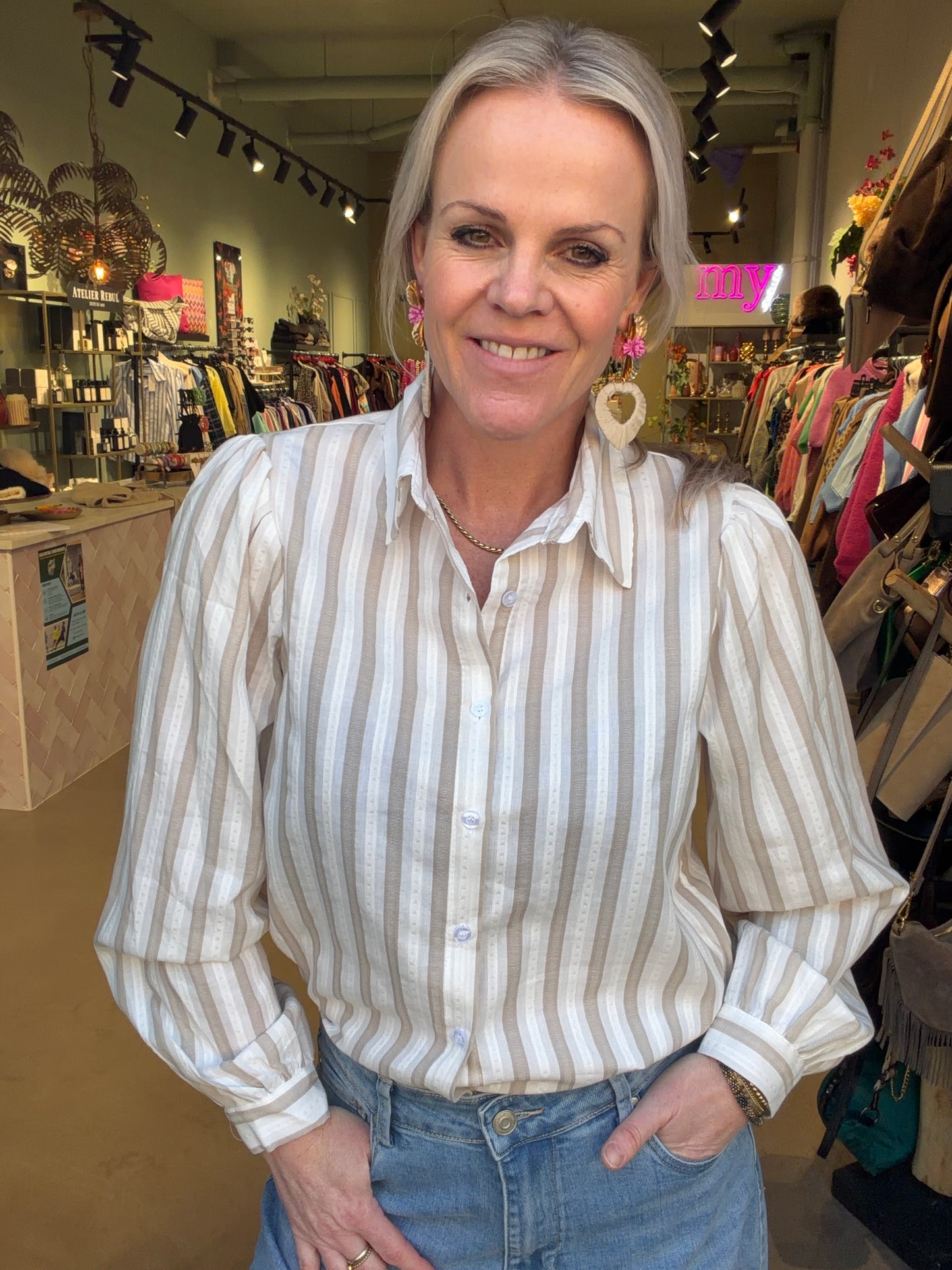 Stripe blouse pofmouw beige