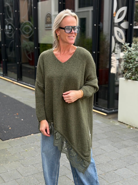 Asymmetrisch trui met kant khaki
