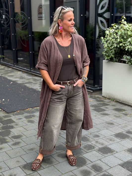 Linnen kimono blouse bruin