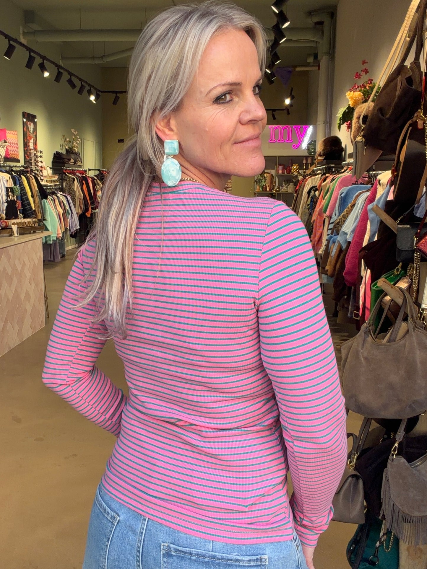 Longsleeve stripe fuchsia-groen