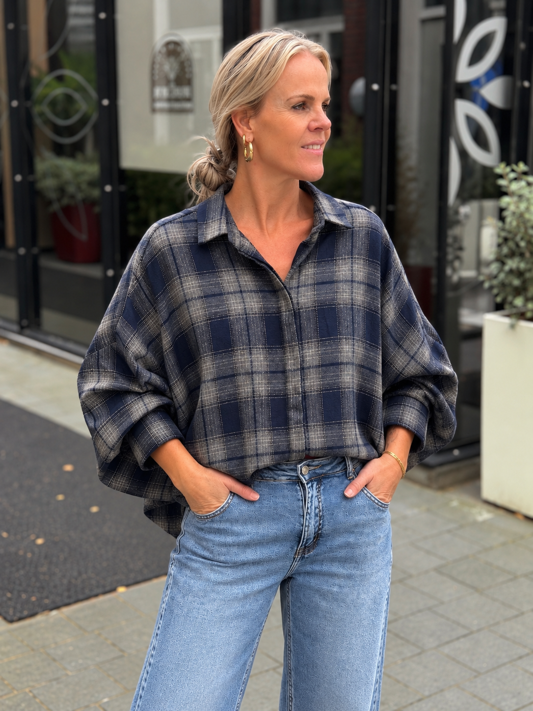 Flanel ruit blouse Dion grijs/ navy