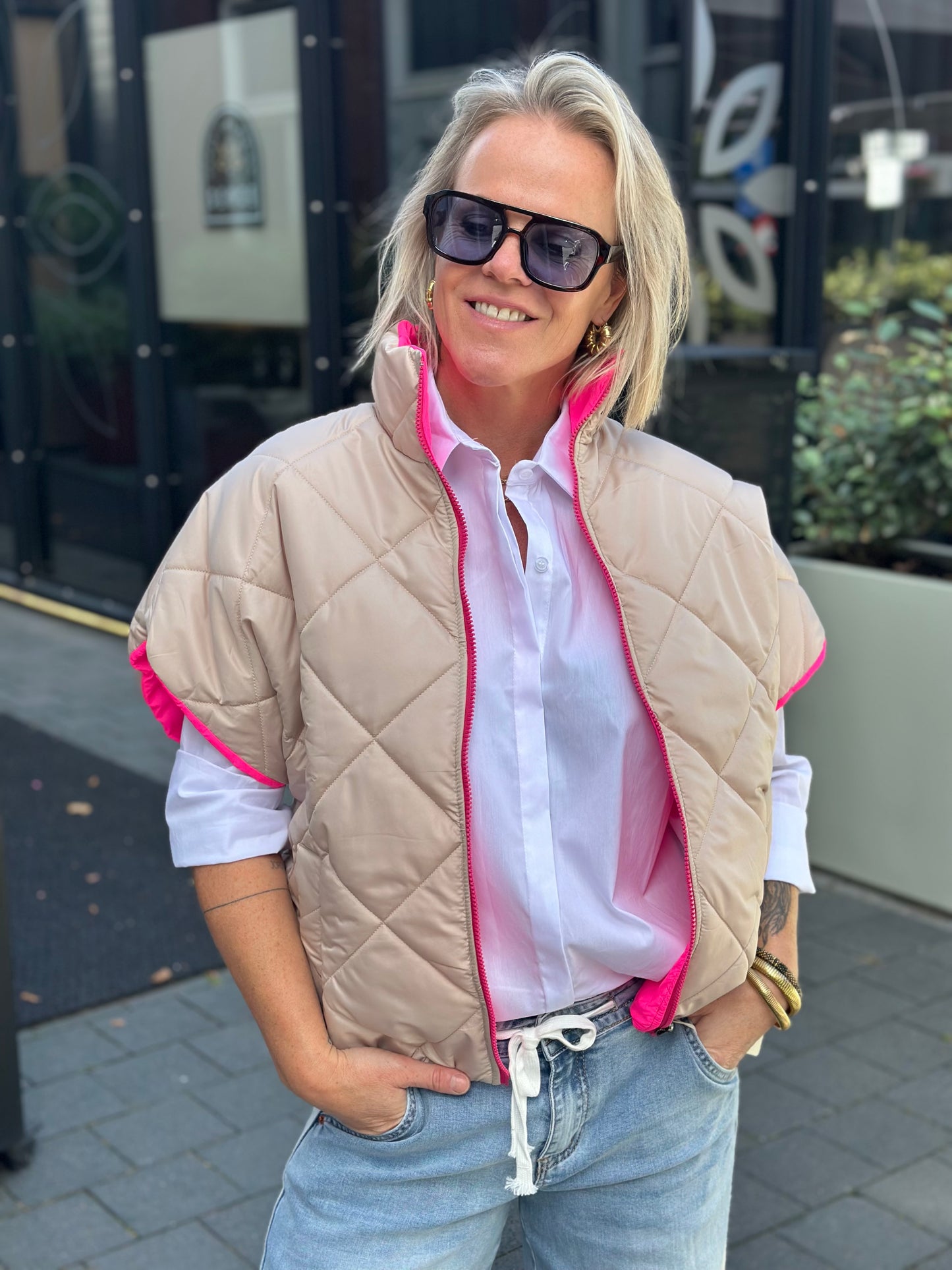 Padded bodywarmer dubbelzijdig beige