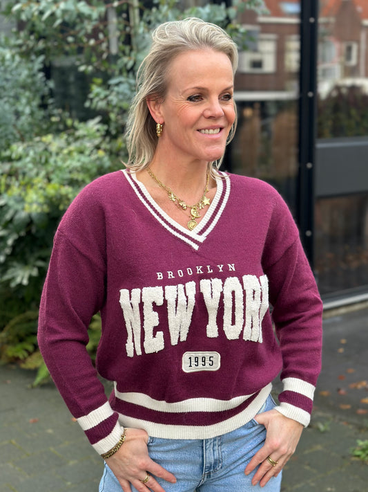 Collage sweater New York wijnrood