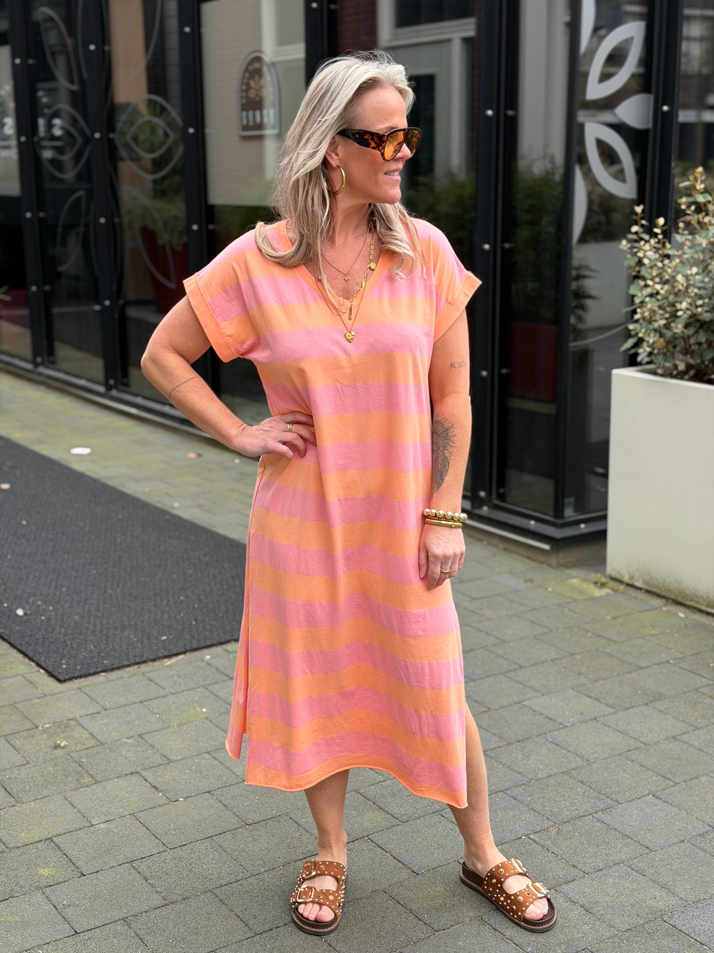 T-shirt Dress Moon stripe ORANGE /pink
