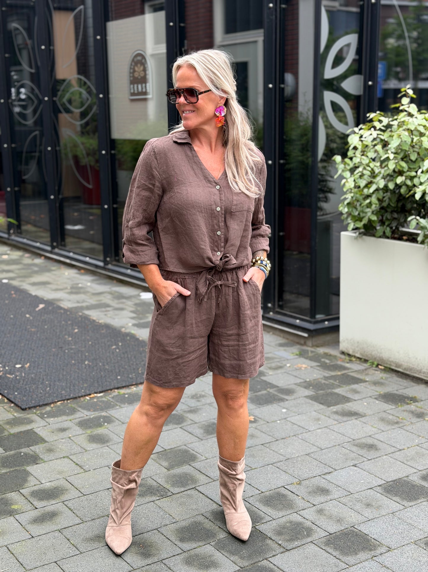 Linnen knot blouse bruin