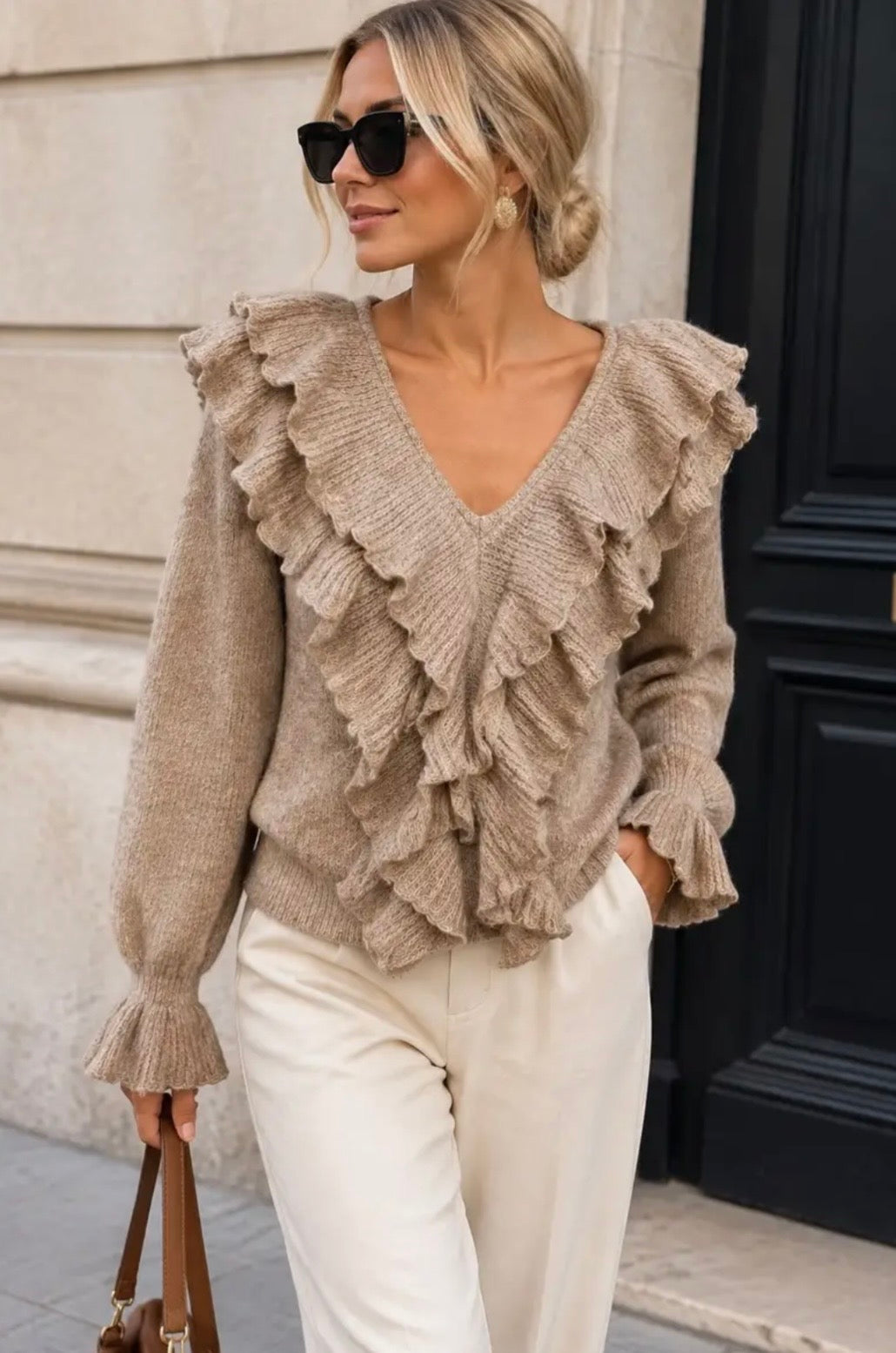 Volant trui beige