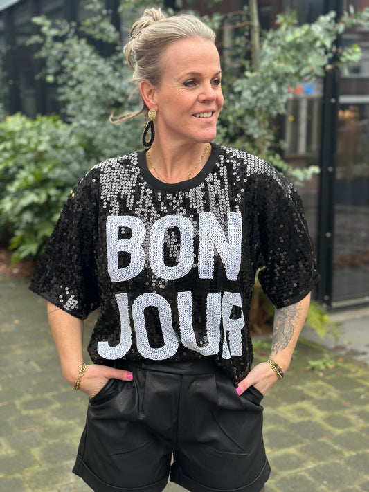 Bonjour T-shirt pailletjes zwart