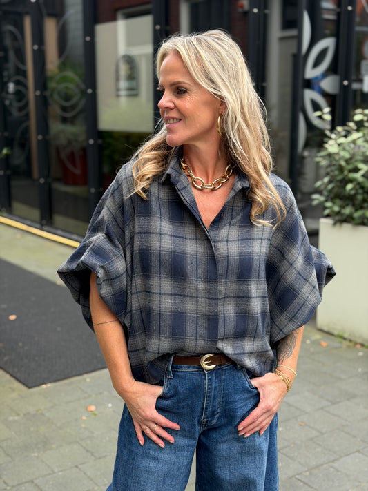 Flanel ruit blouse Dion grijs/ navy